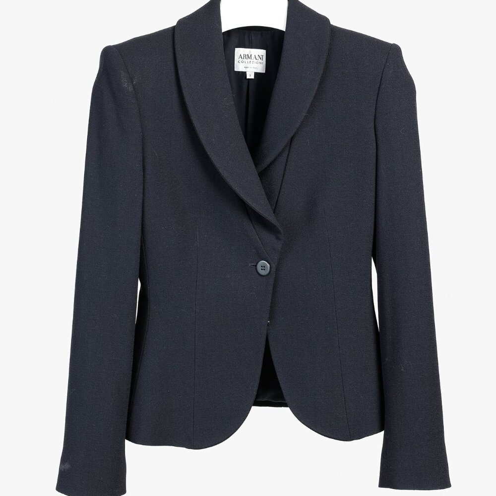 Armani Collezioni 2001 Vintage Minimalist Shawl Collar Navy Wool Blazer